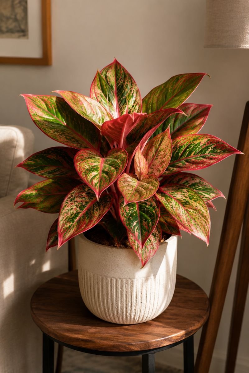 Chinese evergreen with pink and red variegated leaves on plant stand