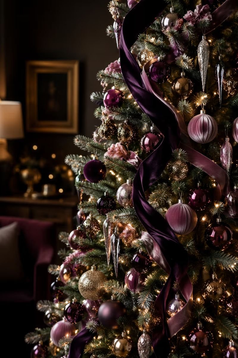 Christmas tree decorated in deep aubergine purple and plum tones with silver and gold accents