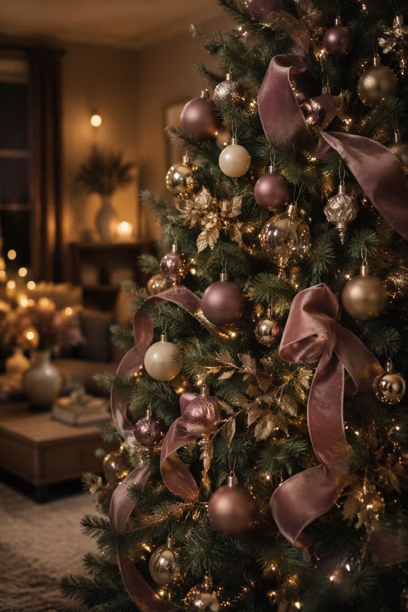 Christmas tree styled in dusty mauve pink tones with brass accents and velvet ribbon