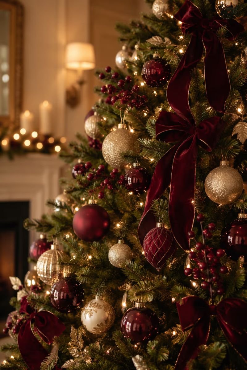 Christmas tree styled with burgundy red ornaments velvet ribbon and gold baubles on a warm background