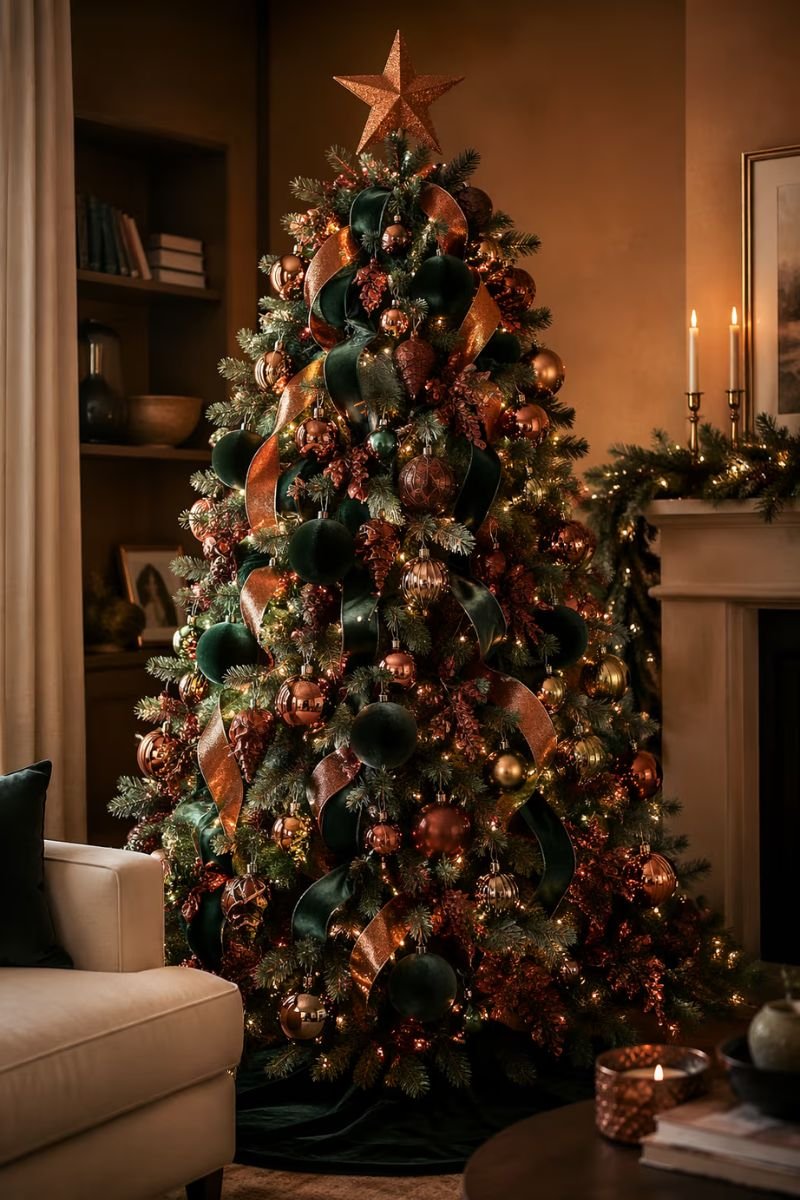 Christmas tree with deep forest green and copper metallic ornaments and ribbon styling
