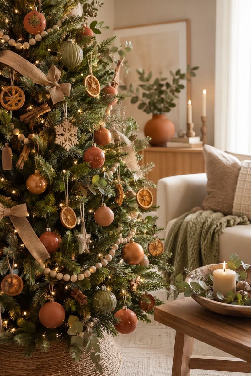 Christmas tree with terracotta orange and sage green ornaments dried oranges and natural wood accents