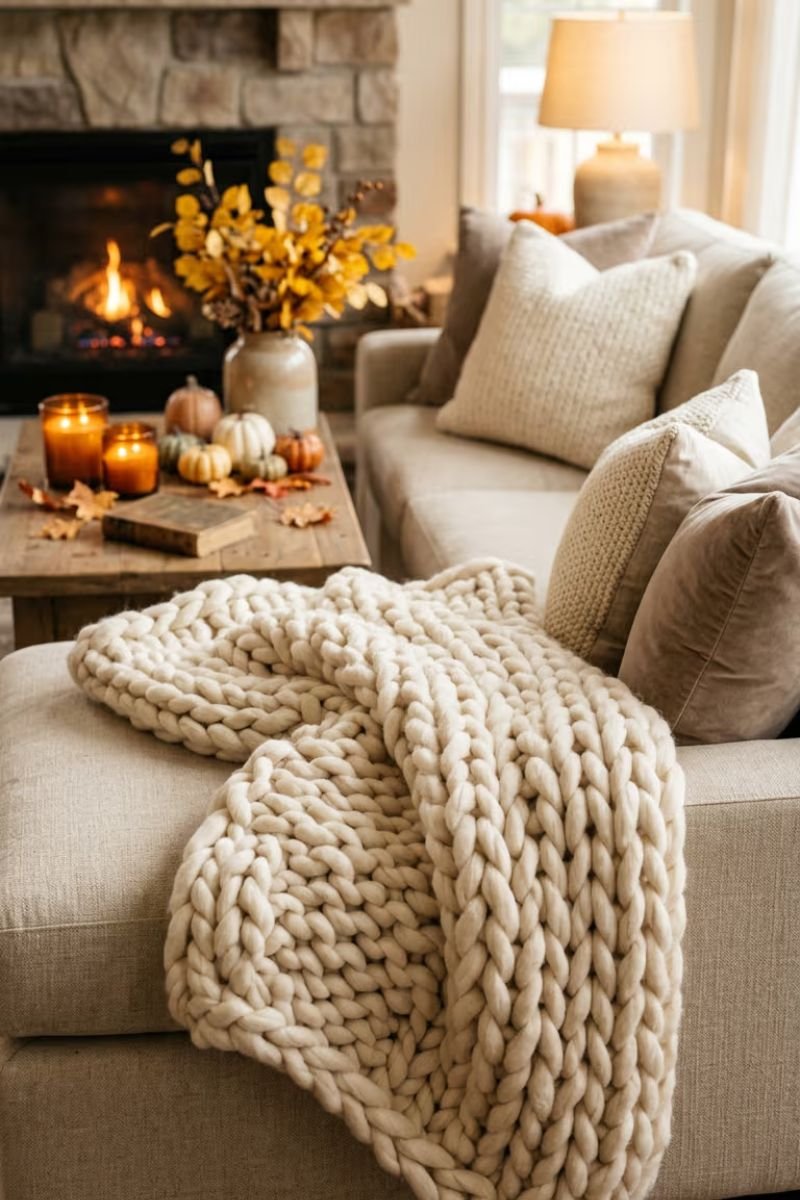 Chunky knit throw blanket draped over sofa in cozy fall living room