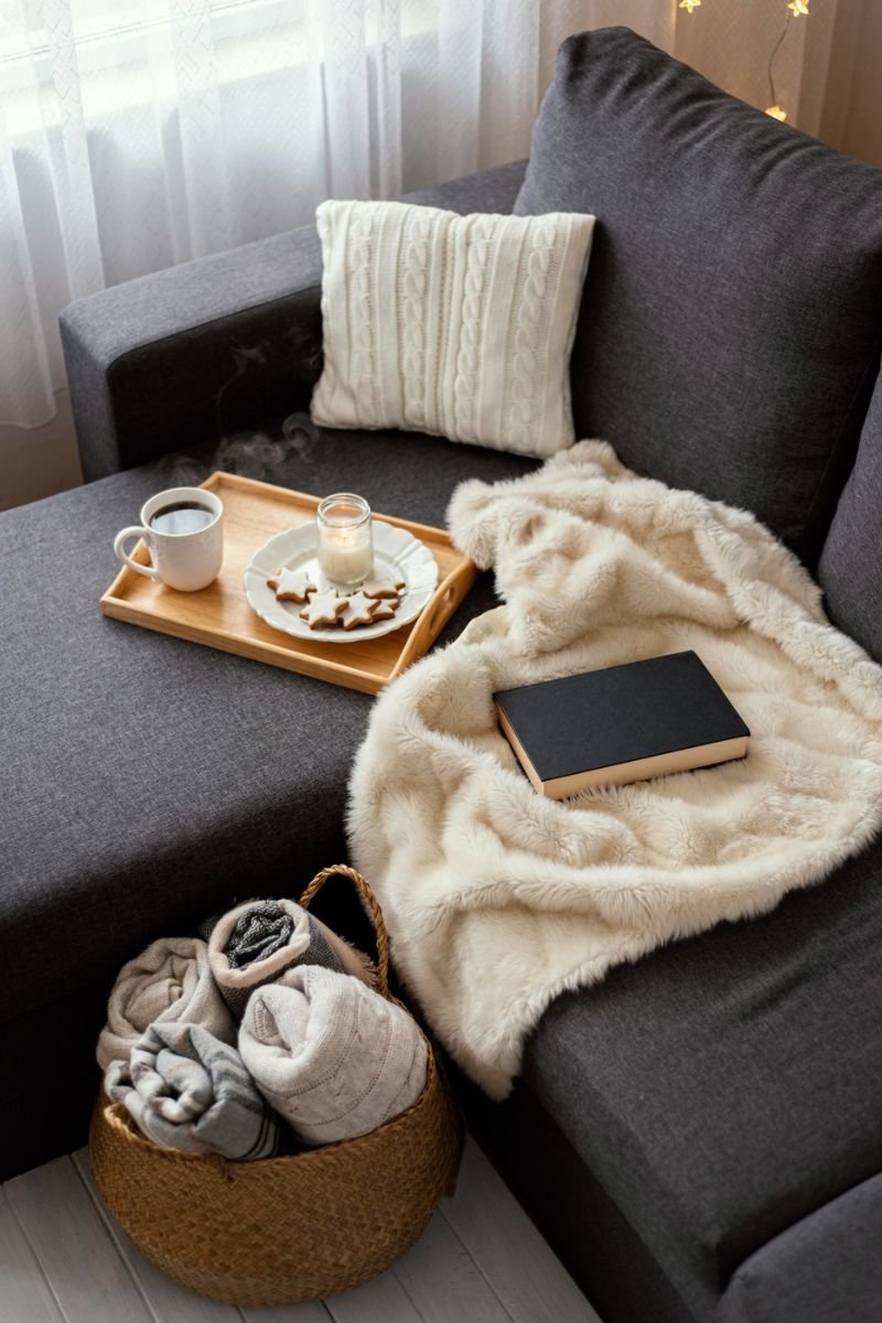 Chunky knit throw blanket layered couch fall living room cozy decor