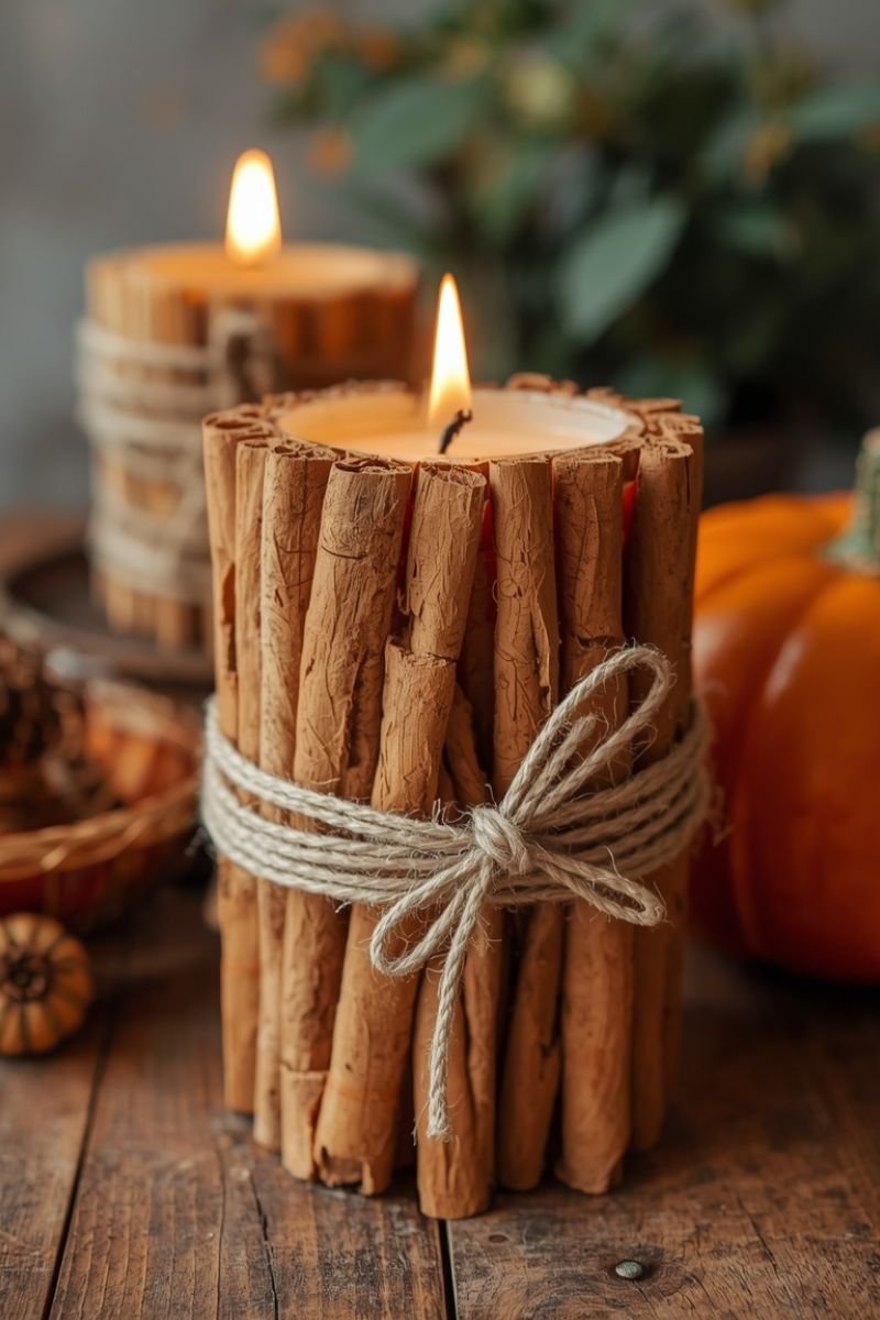 Cinnamon stick bundle twine tied pillar candle fall centerpiece DIY