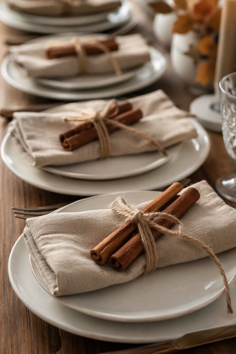 Cinnamon stick napkin bundle twine Thanksgiving place setting rustic elegant