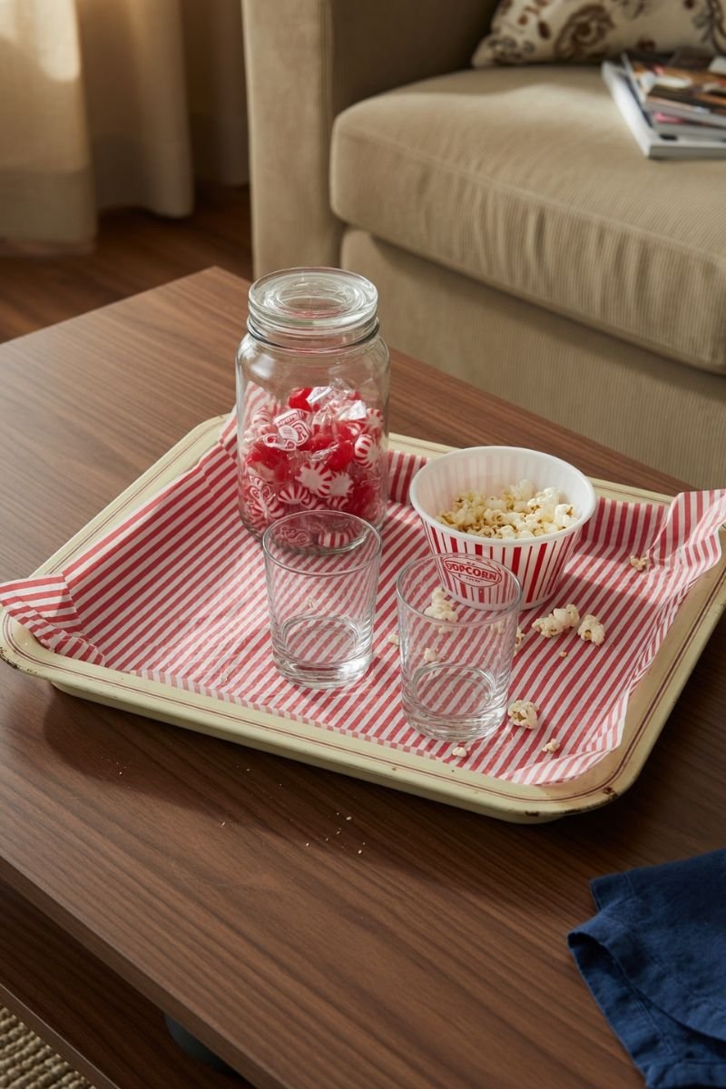 Circus themed snack tray on coffee table with popcorn candy and striped paper