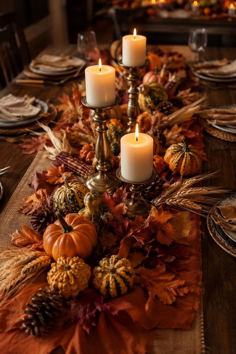 Classic harvest Thanksgiving centerpiece runner burlap pumpkins candles wheat leaves