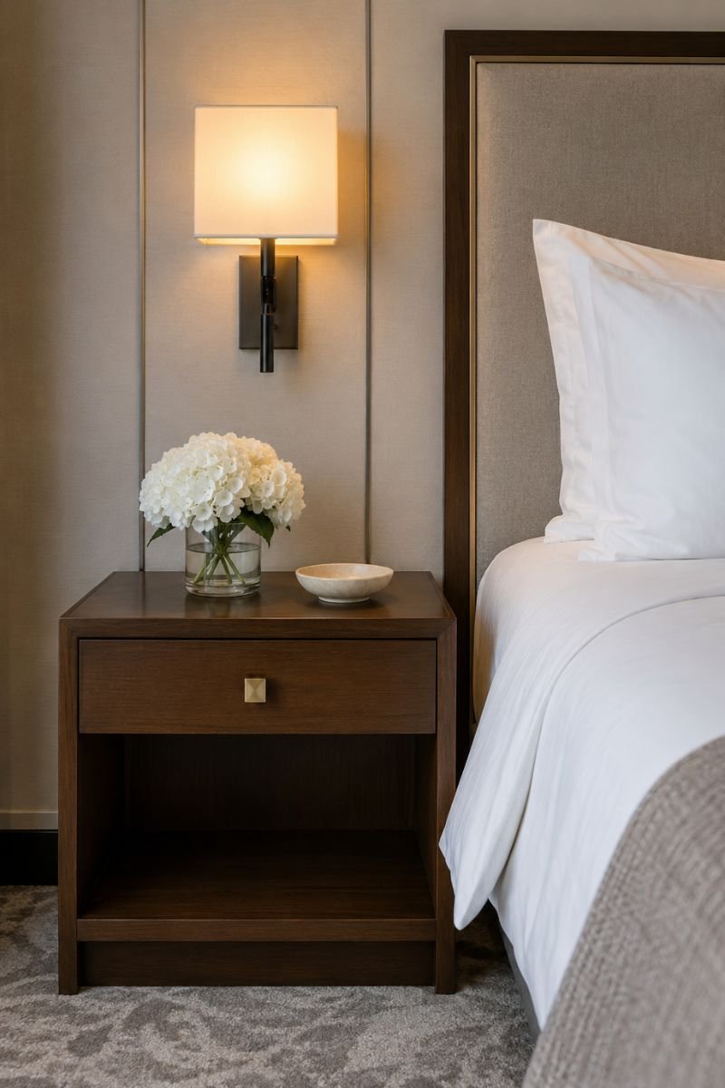 Clean cord-free nightstand in a minimal luxury hotel style bedroom