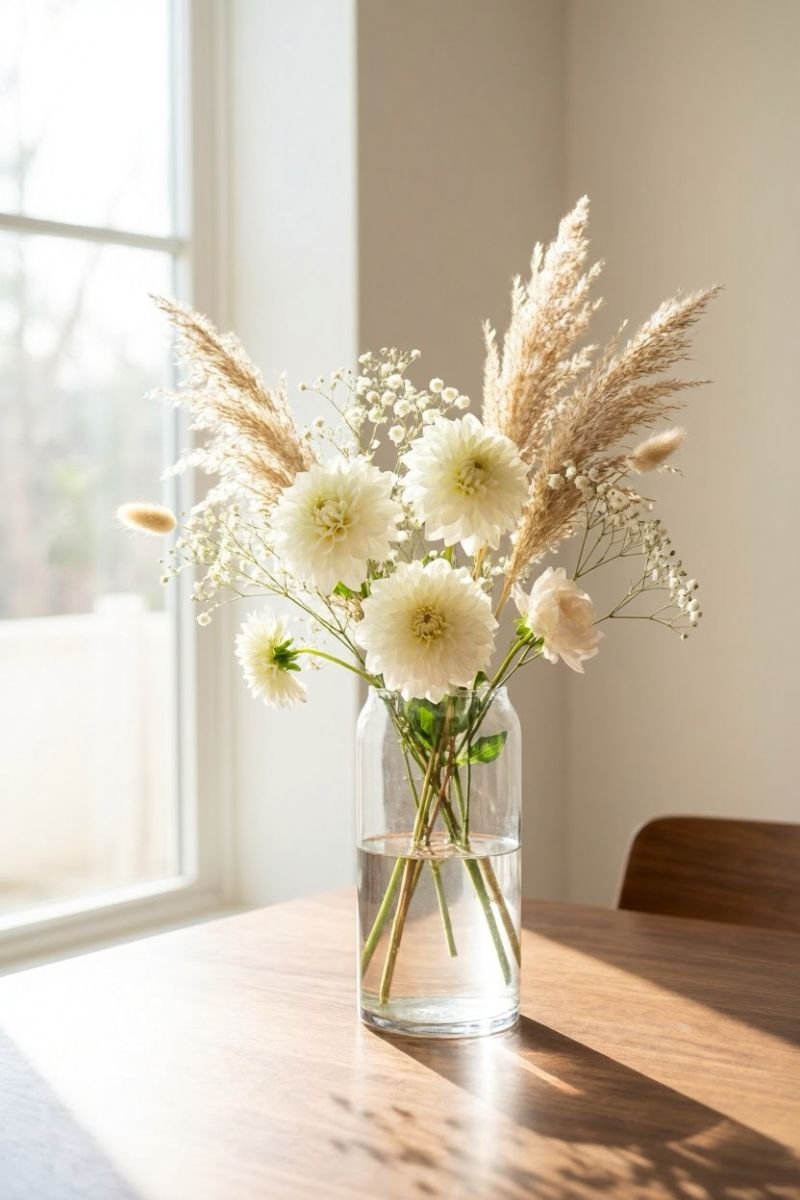 Clear glass vase with white flowers on a windowsill in bright natural light
