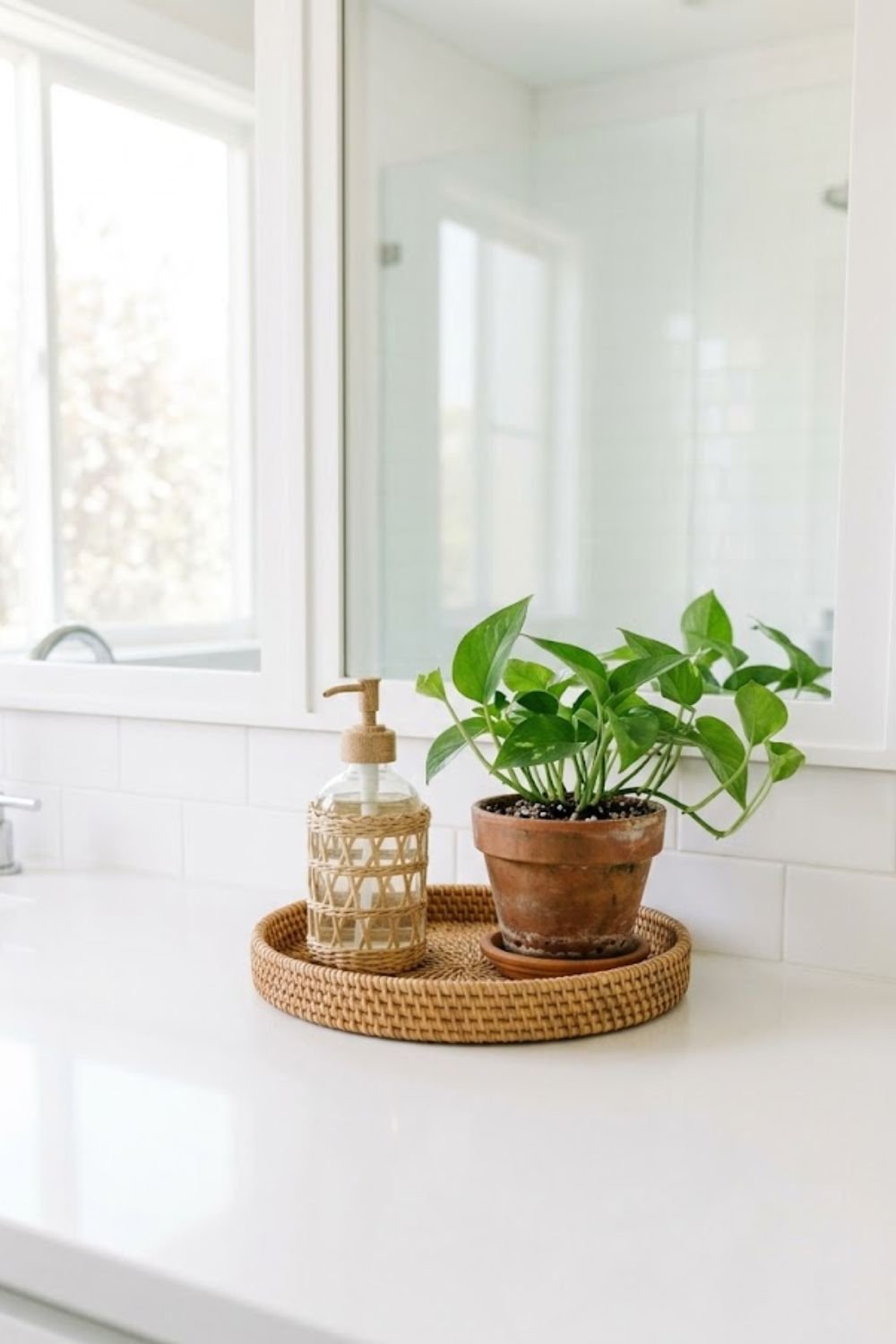 Clear minimal bathroom counter with only a soap dispenser plant and rattan tray in a spa style bathroom