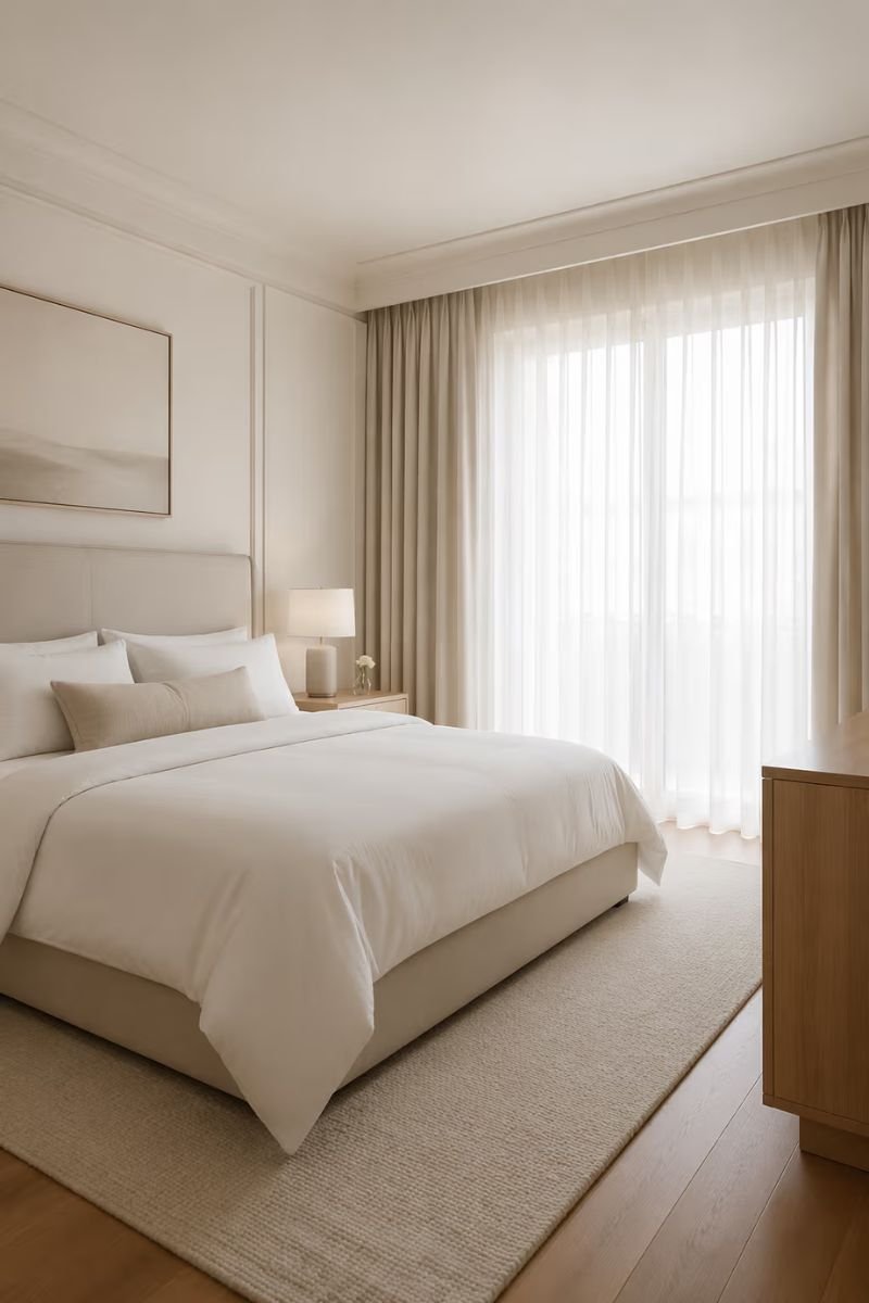 Clutter free minimal bedroom styled like a luxury hotel room