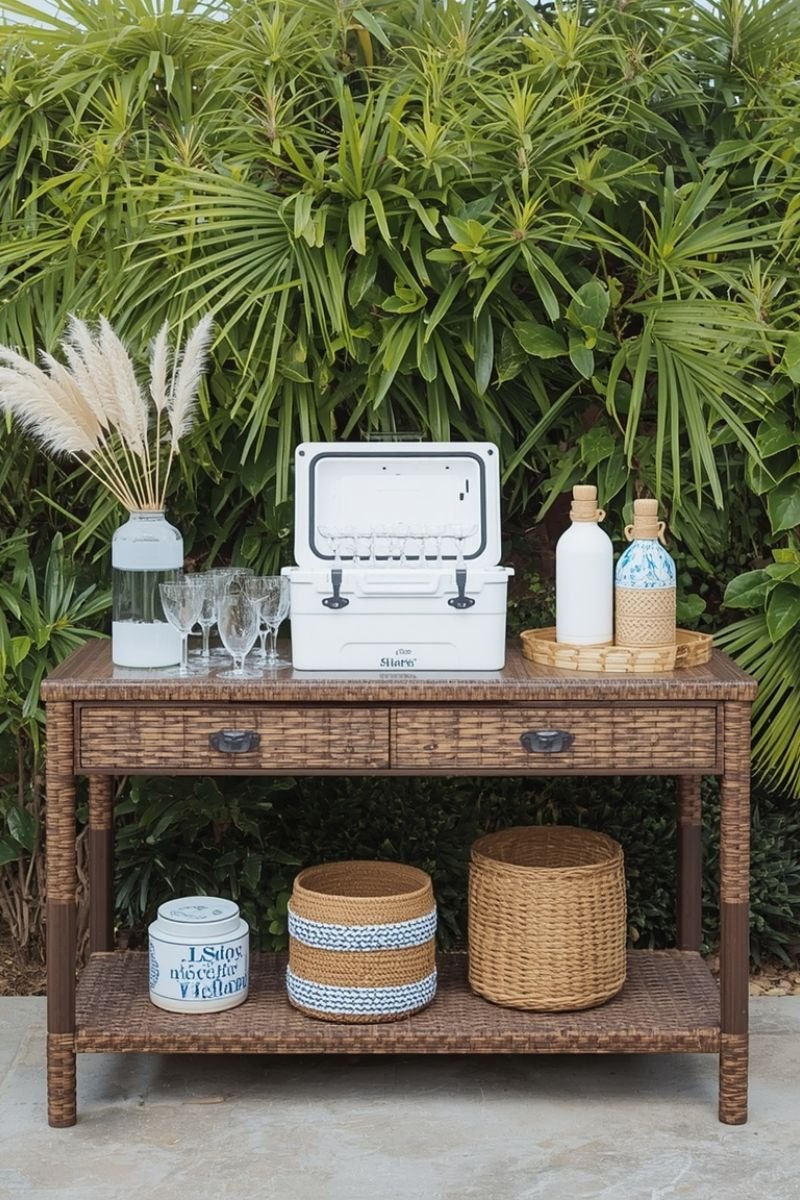 Coastal beverage station on a porch side table with drinks and serveware