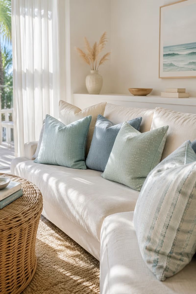 Coastal blue accent pillows in a breezy stylish summer living room