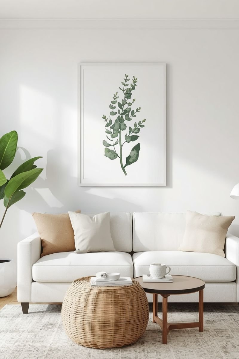 Coastal botanical art print in white frame on a breezy summer living room wall