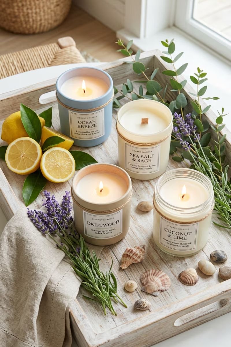 Coastal scented candles and fresh citrus creating summer ambiance on a porch