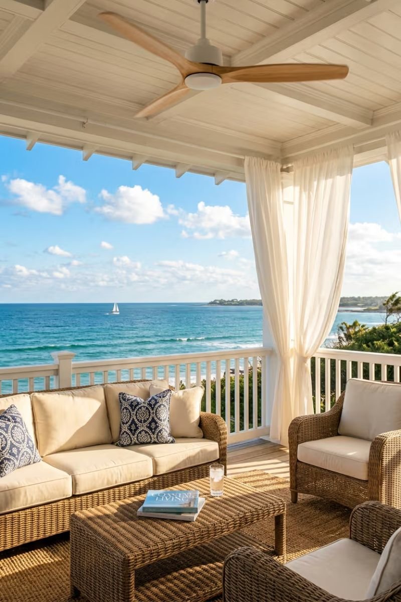 Coastal style ceiling fan installed on a summer porch