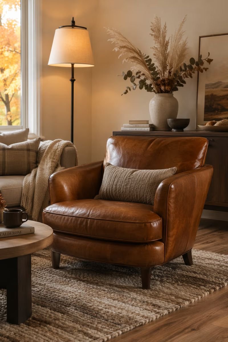 Cognac leather ottoman or accent chair styled in a warm fall living room