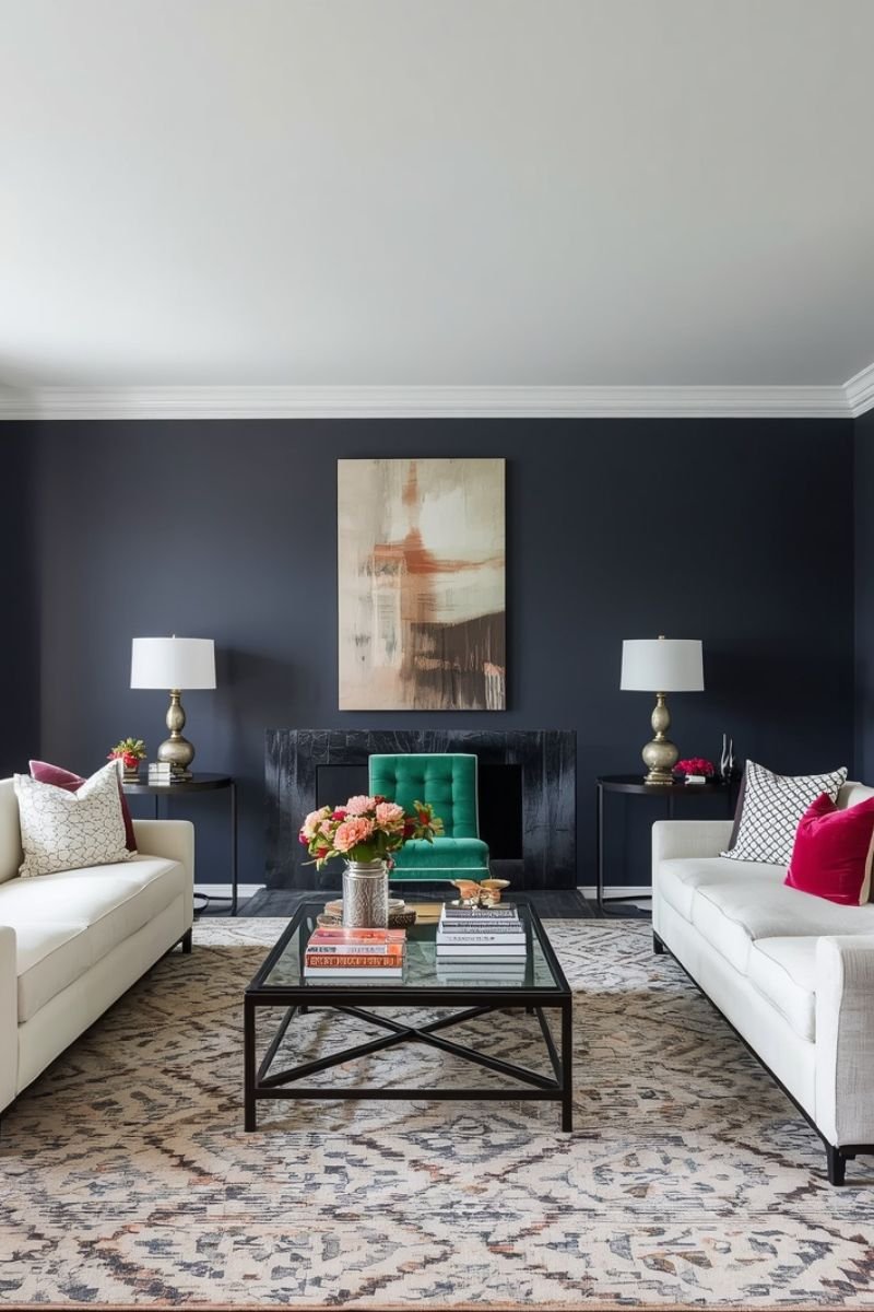 Cohesive Neo Deco living room in navy cream and emerald with brass and black metal accents