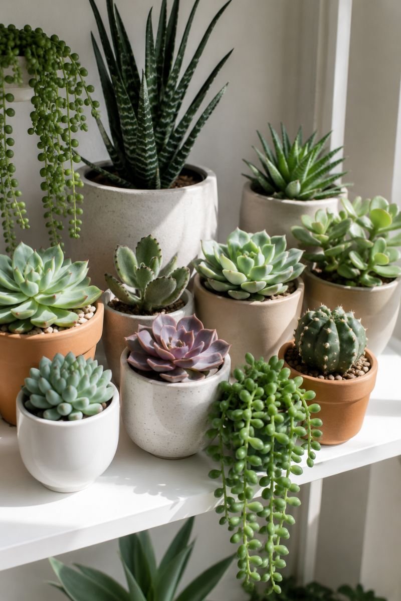 Collection of different succulent varieties in small pots on shelf