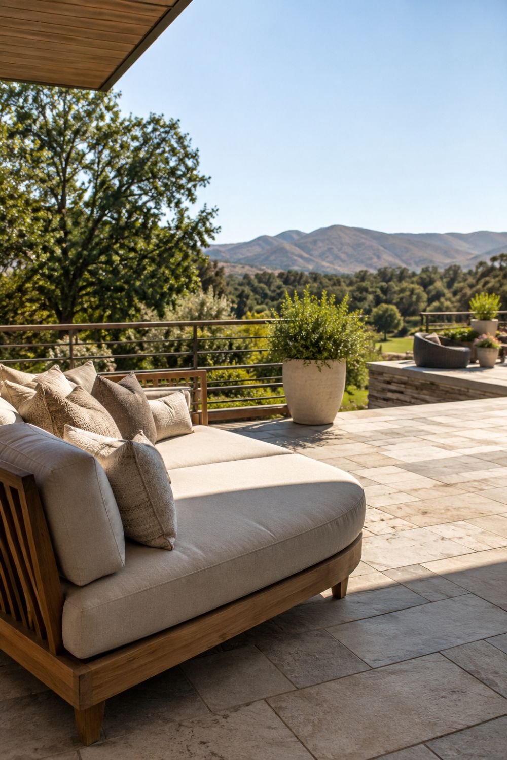 Comfortable outdoor lounger with plush cushions positioned for relaxation on patio