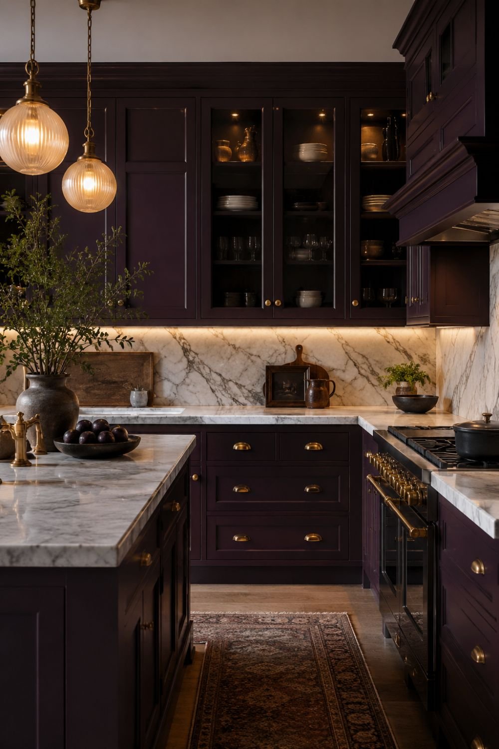 Complete aubergine kitchen with all cabinets moody and chic.