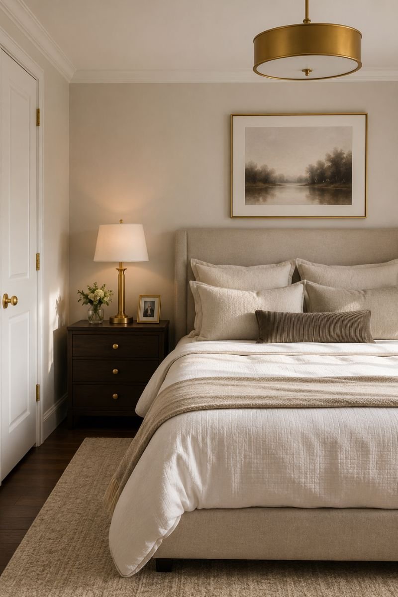 Consistent brass metallic finish on bedroom accessories in a luxury hotel style room