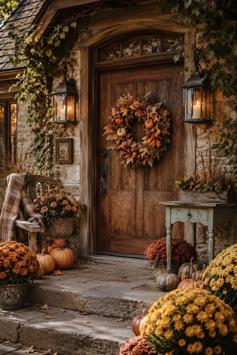 Cottagecore entry with wreath lanterns and fall plants