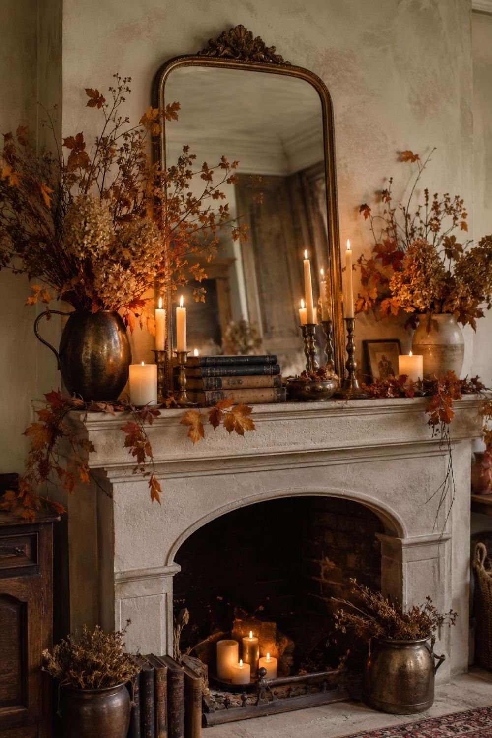 Cottagecore fall mantel with vintage mirror candles dried flowers and branches