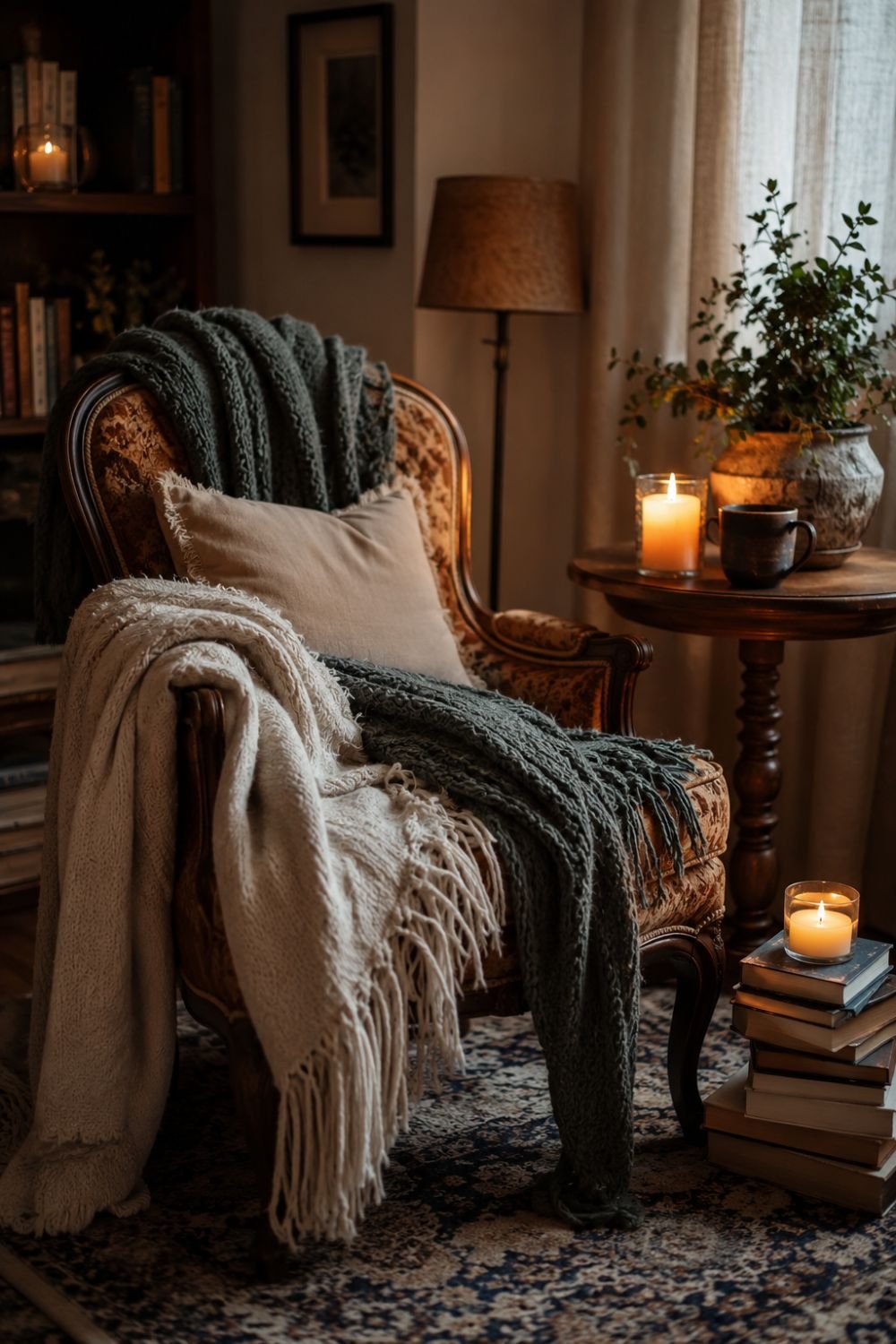 Cottagecore reading nook with vintage chair blankets and candles