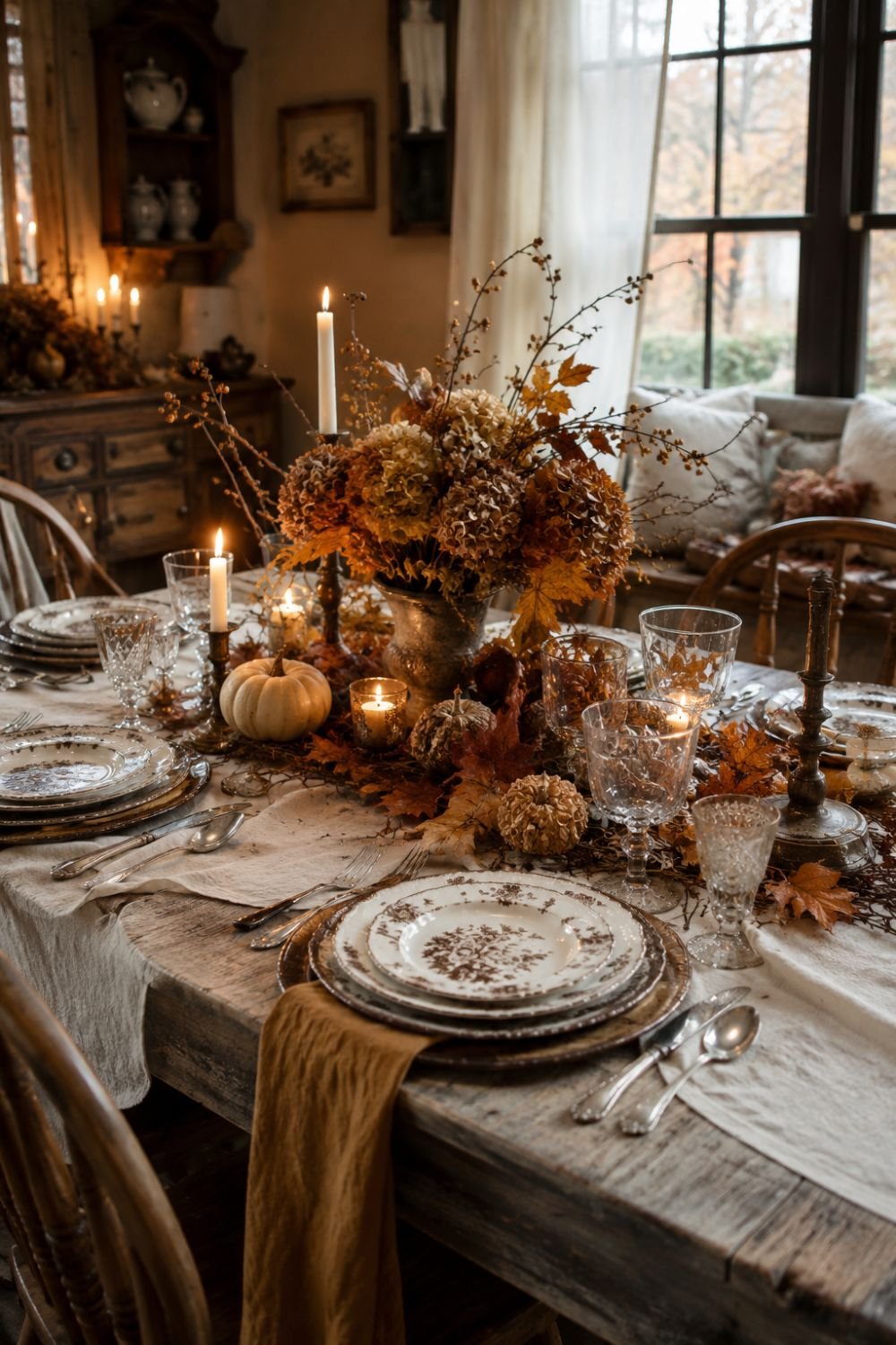 Cottagecore tablescape with vintage linens fall elements and candle
