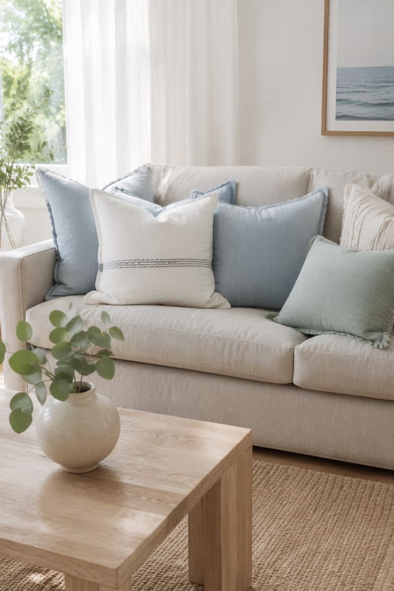 Cotton and linen summer throw pillow covers on sofa in a bright living room"