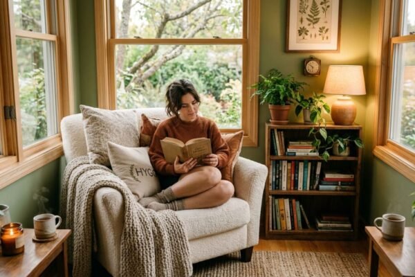 Cozy adult reading nook with linen armchair brass lamp bookshelf and cup of tea