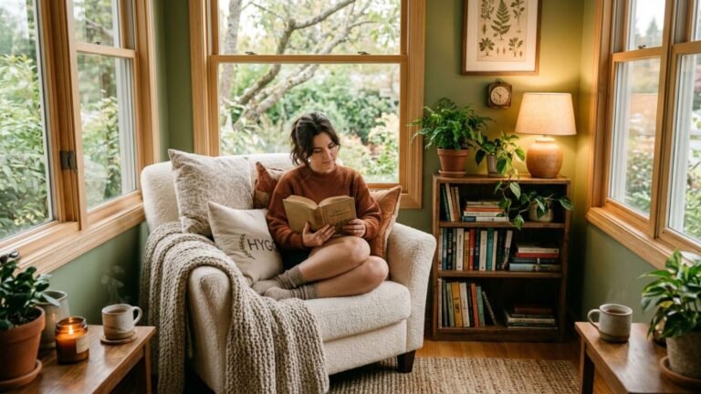 Cozy adult reading nook with linen armchair brass lamp bookshelf and cup of tea