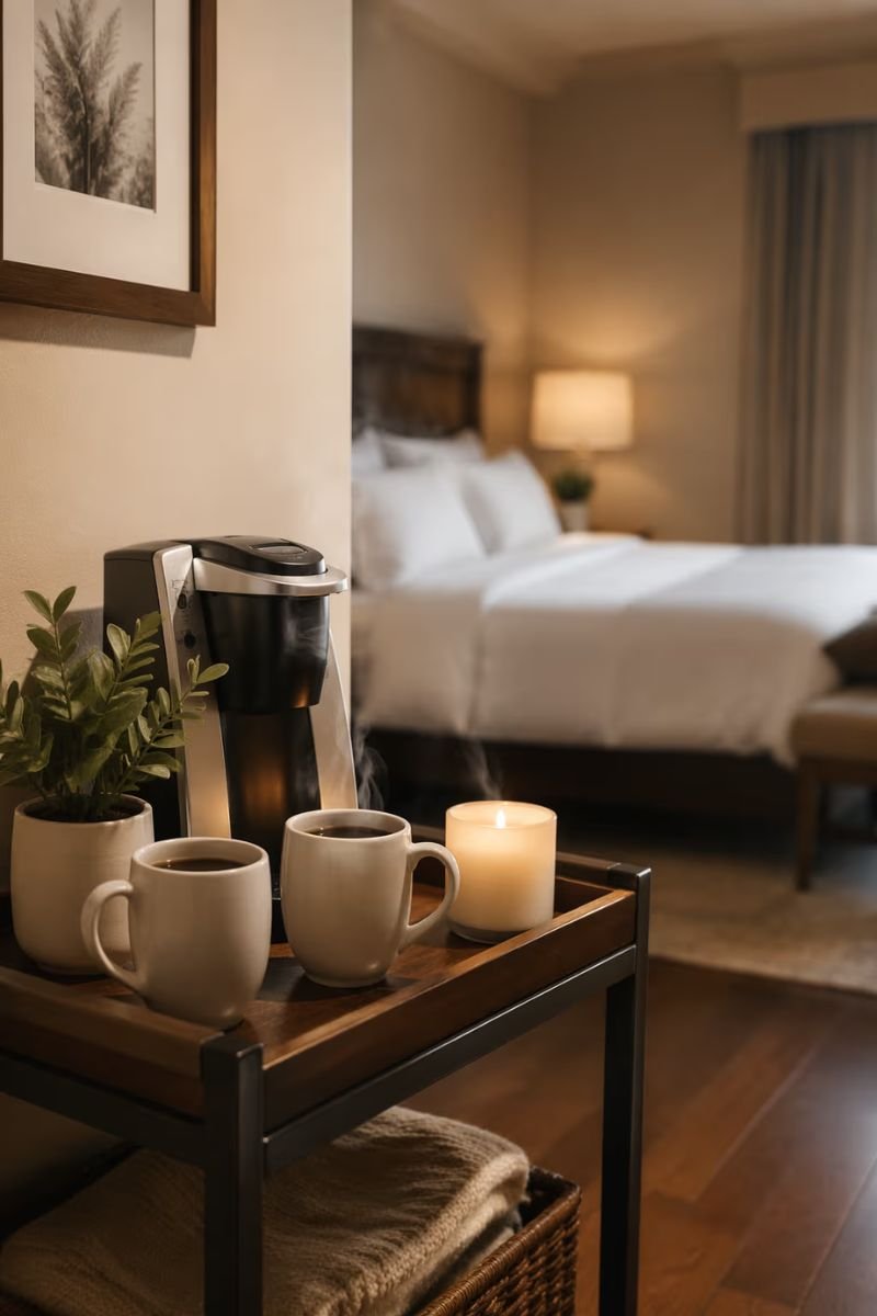 Cozy bedroom coffee corner styled like a luxury hotel room