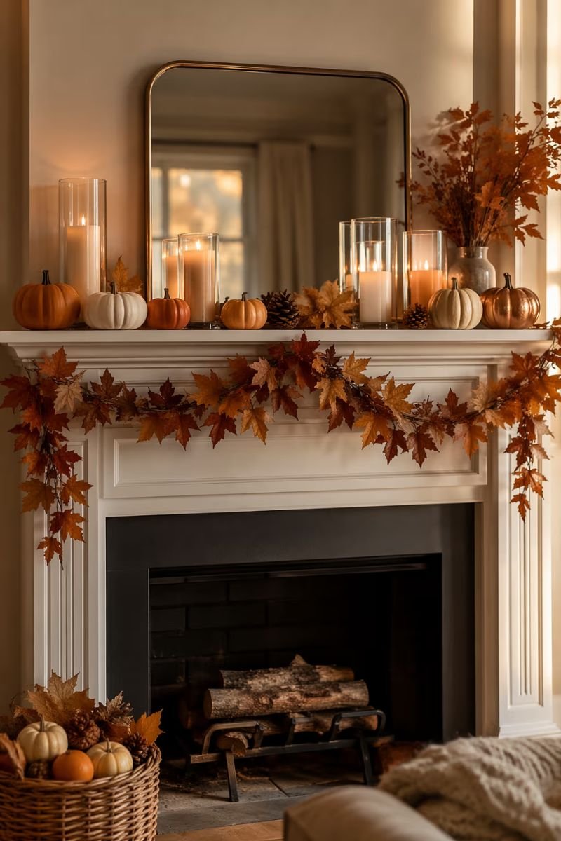 Cozy fall fireplace mantel decorated with candles pumpkins and dried botanicals