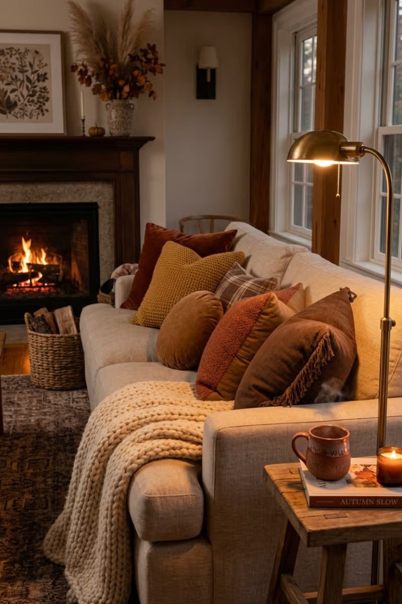 Cozy fall living room sofa with rust orange and mustard yellow throw pillows