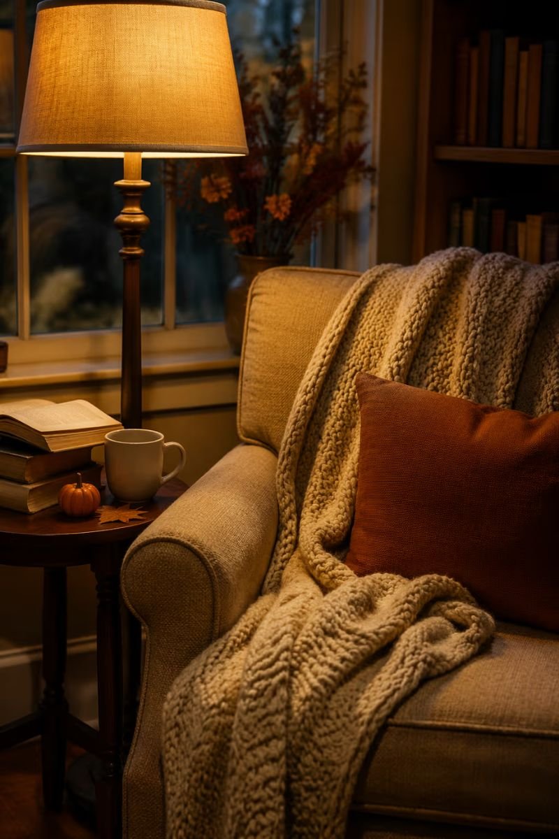 Cozy fall reading corner with armchair throw and warm lamp light