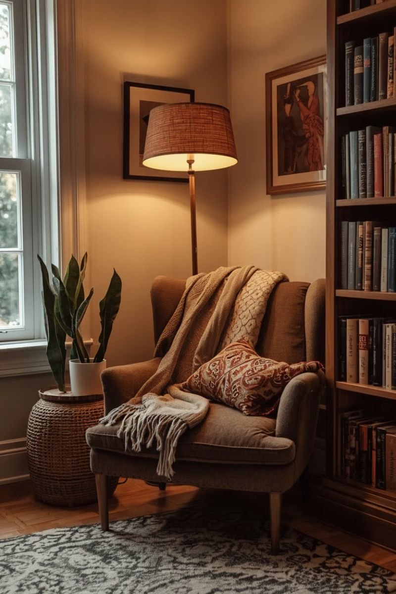 Cozy fall reading nook corner floor lamp chunky knit throw books mug 
