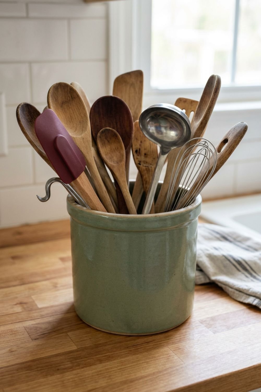 Cream ceramic crock holding wooden spoons and cooking utensils on a kitchen counter