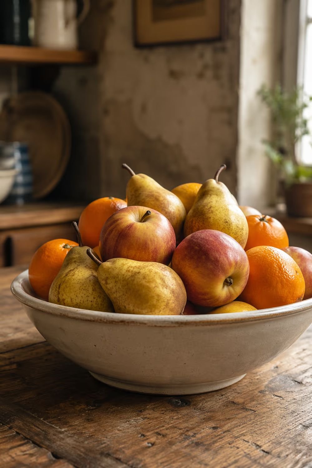 Cream ceramic fruit bowl filled with apples and pears on a kitchen table