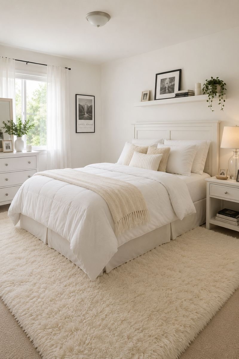 Cream fuzzy rug under bed in minimalist Y2K bedroom