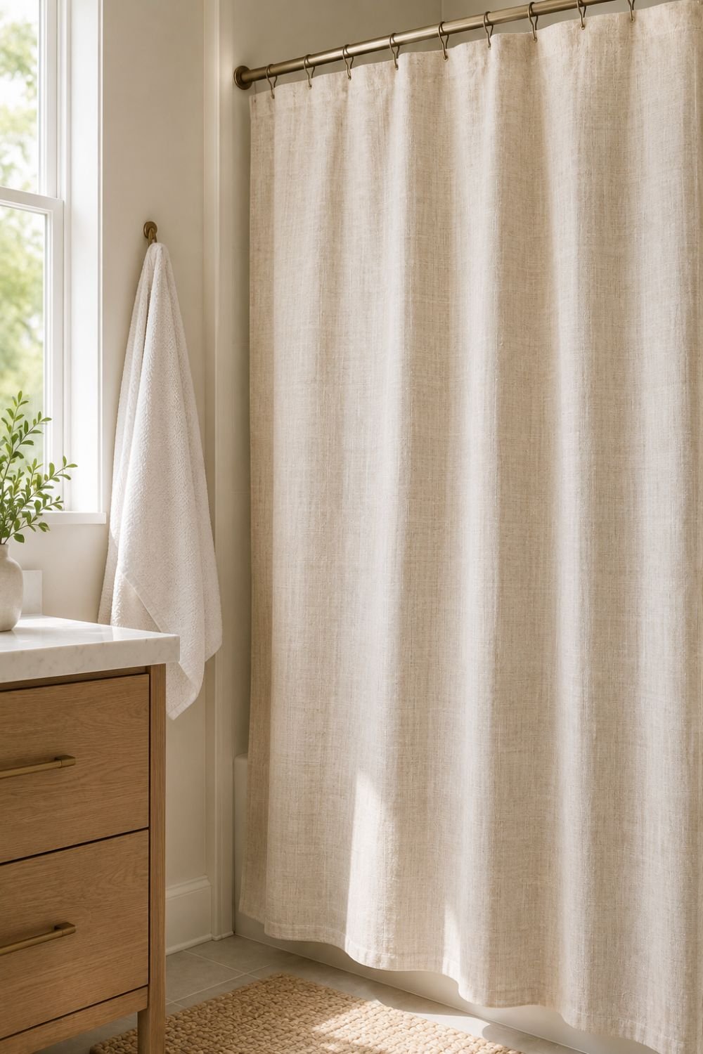 Cream linen textured shower curtain in small luxury bathroom