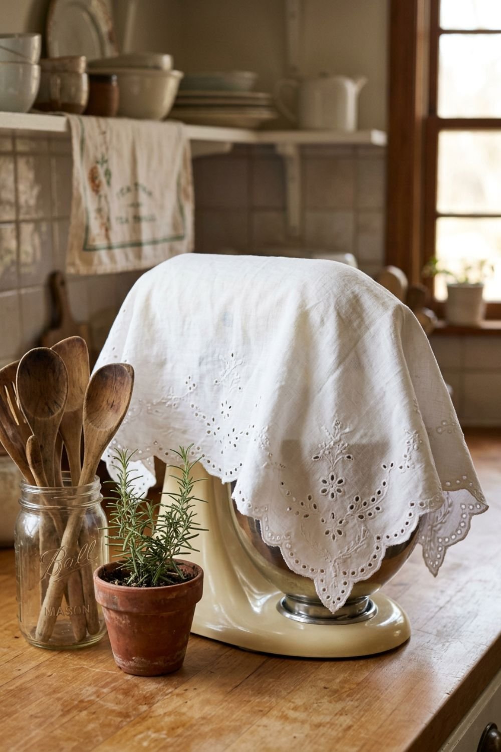 Cream stand mixer with white eyelet cloth draped over it on a kitchen counter