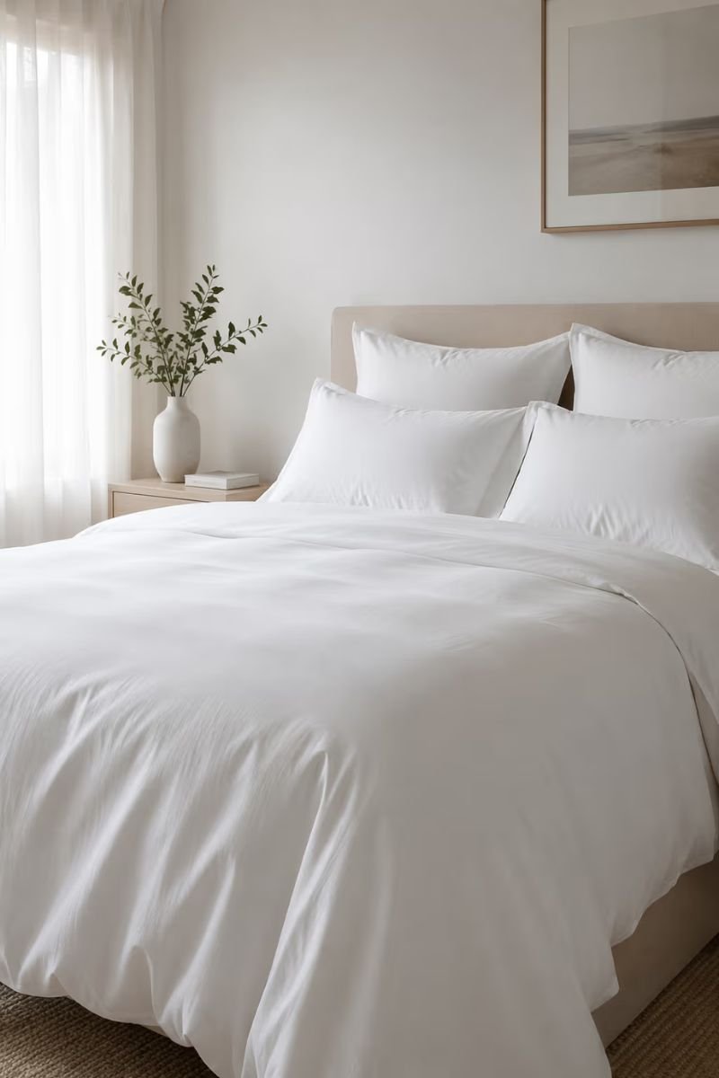 Crisp white hotel style bedding on a cozy luxury bedroom bed