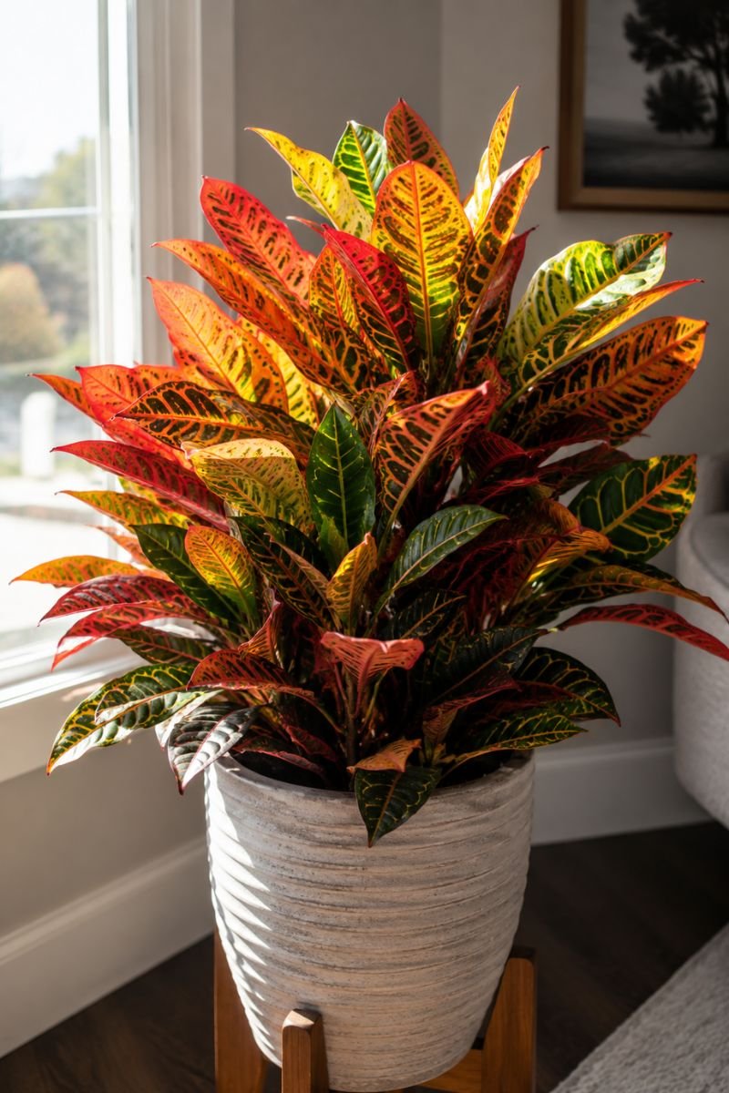 Croton plant with red and yellow variegated leaves in bright light