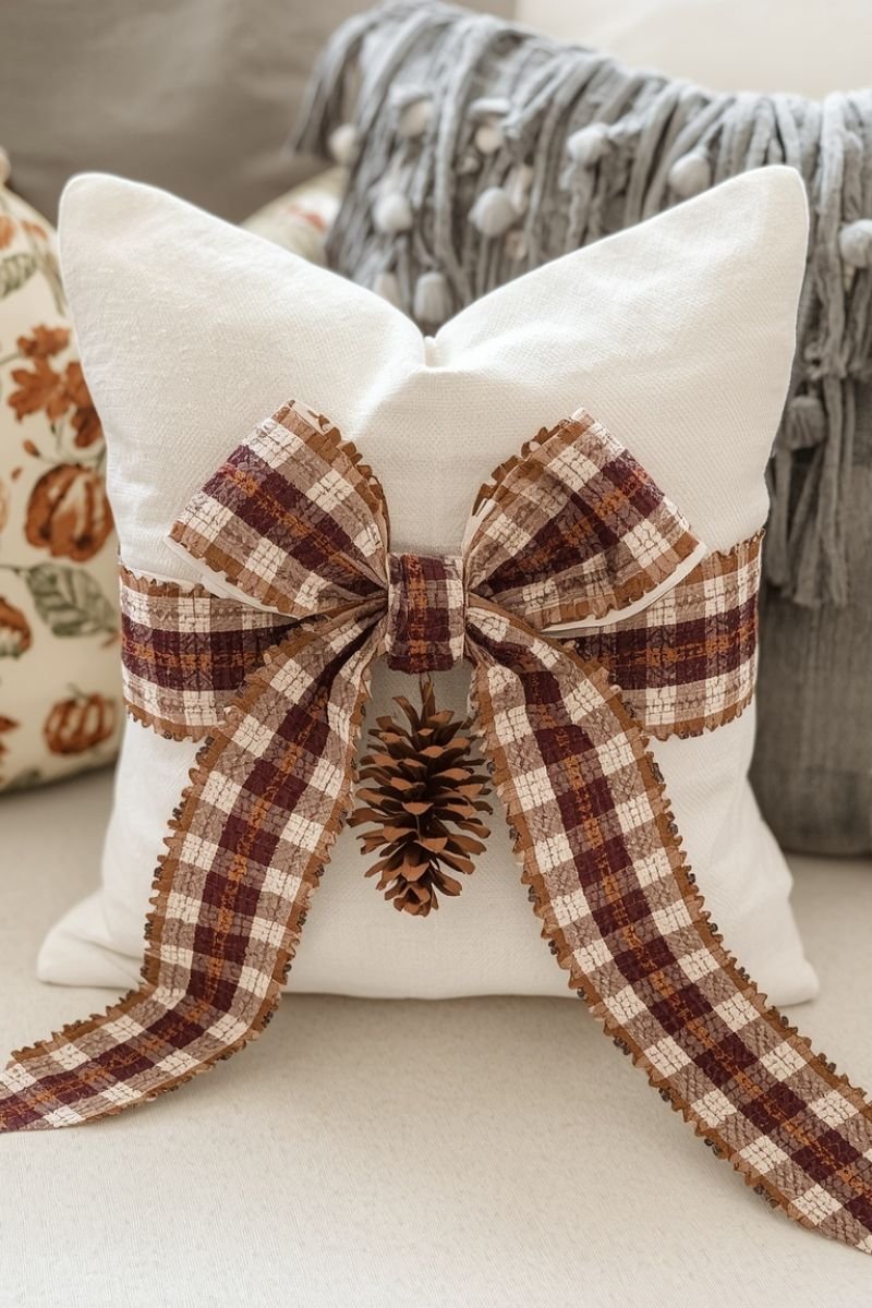 DIY Dollar Tree pinecone ribbon bow accent fall bedroom pillow decor