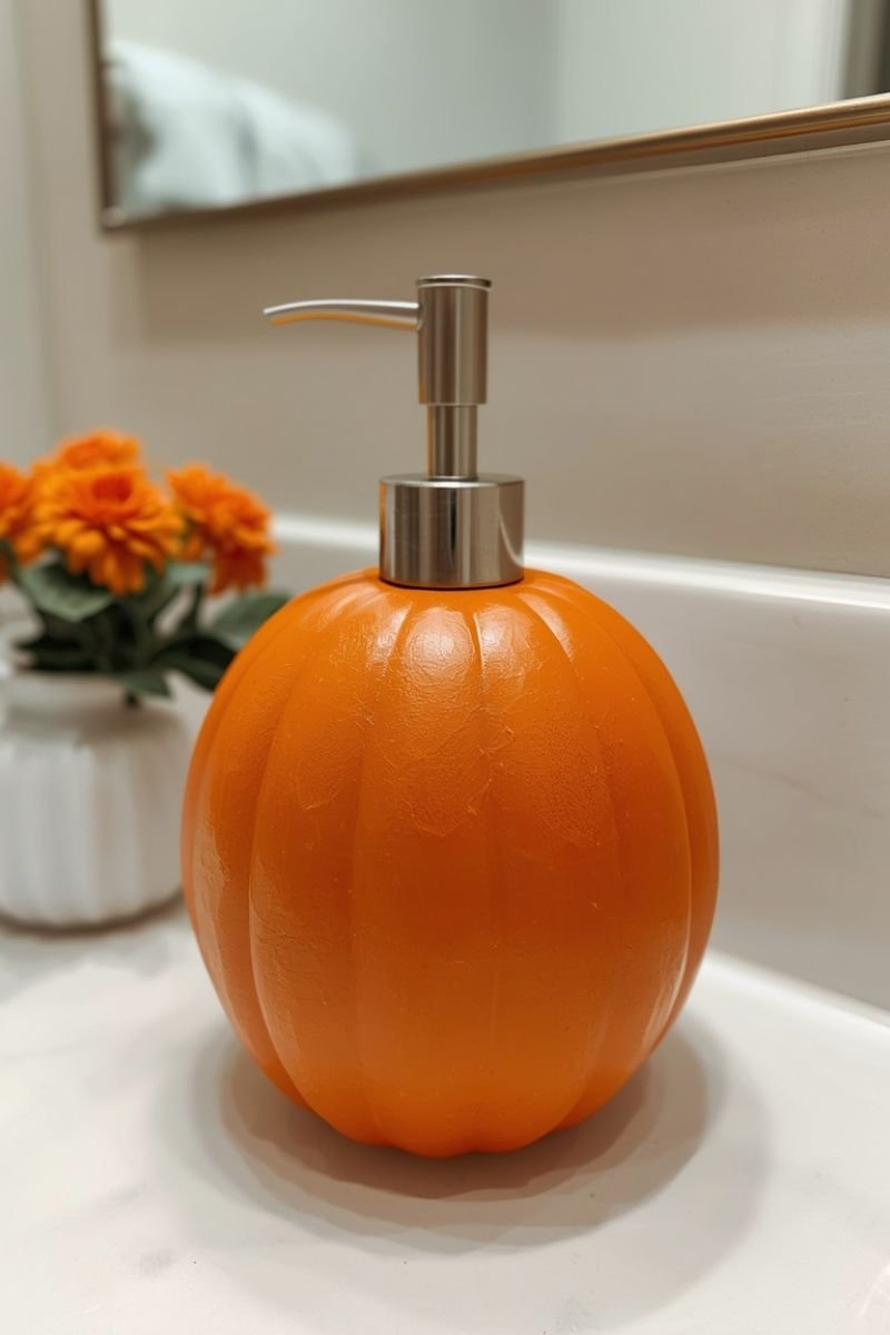 DIY Dollar Tree pumpkin painted soap dispenser orange fall bathroom decor