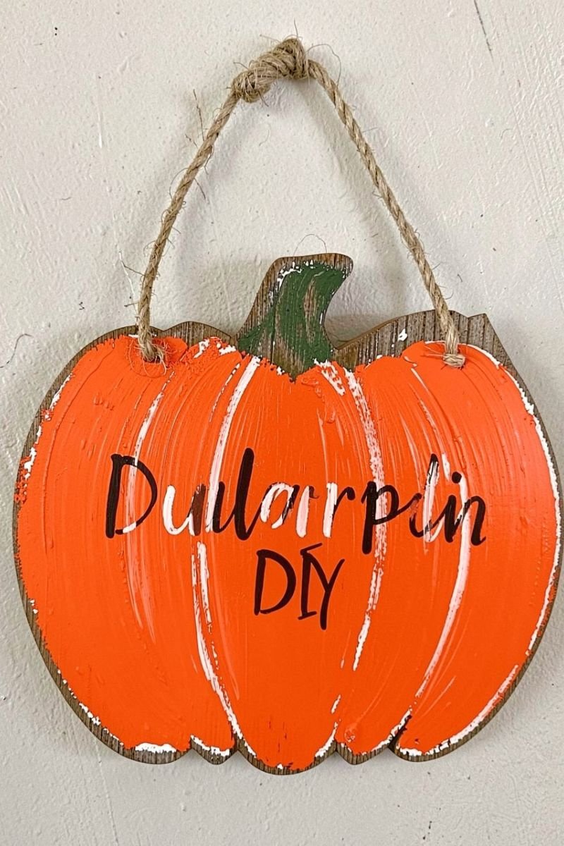 DIY painted wooden pumpkin sign Dollar Tree orange brown craft paint fall
