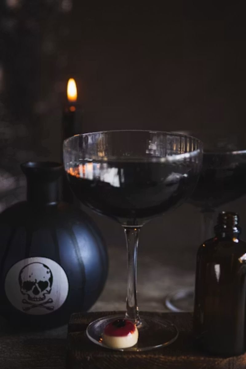 Dark stem wine glasses gothic monogram tag black ribbon elegant Halloween table